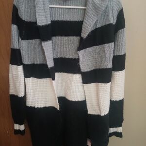 No Boundaries Black, Gray, and White Striped Cardigan